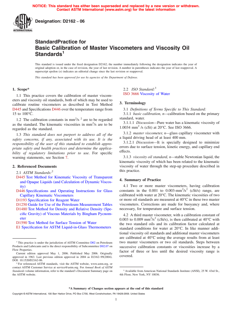 ASTM D2162-06 - Standard Practice for Basic Calibration of Master Viscometers and Viscosity Oil Standards