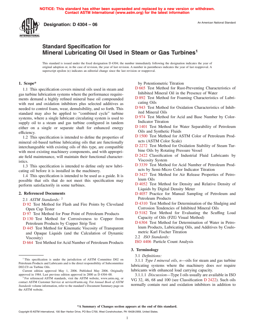 ASTM D4304-06 - Standard Specification for Mineral Lubricating Oil Used in Steam or Gas Turbines