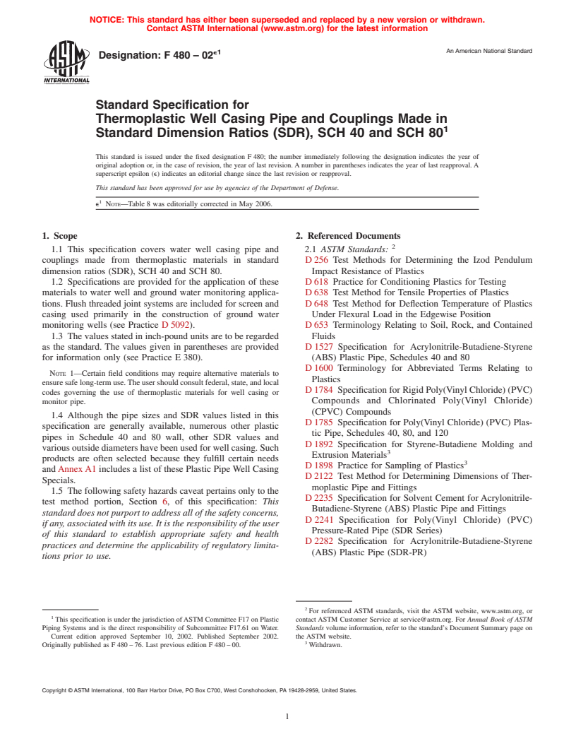 ASTM F480-02e1 - Standard Specification for Thermoplastic Well Casing Pipe and Couplings Made in Standard Dimension Ratios (SDR), SCH 40 and SCH 80