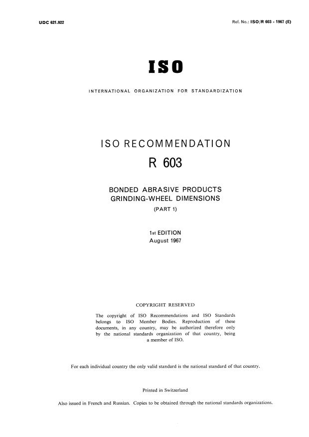 ISO/R 603:1967 - Bonded abrasive products -- Grinding-wheel dimensions (Part I)