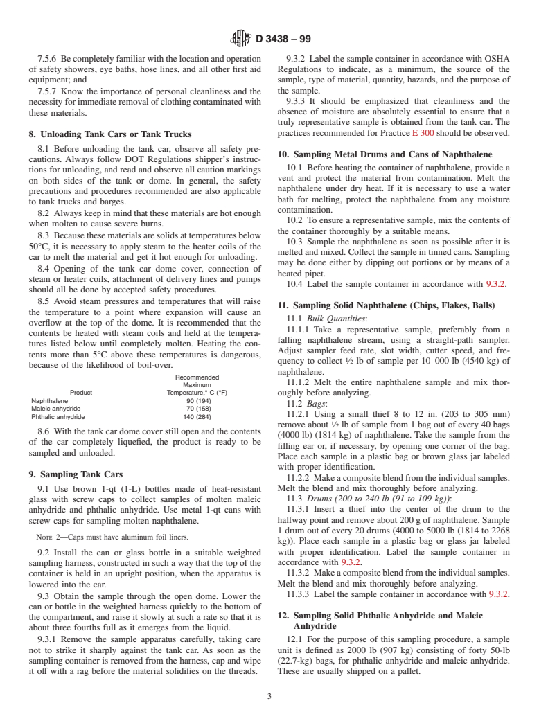 ASTM D3438-99 - Standard Practice for Sampling and Handling Naphthalene, Maleic Anhydride, and Phthalic Anhydride