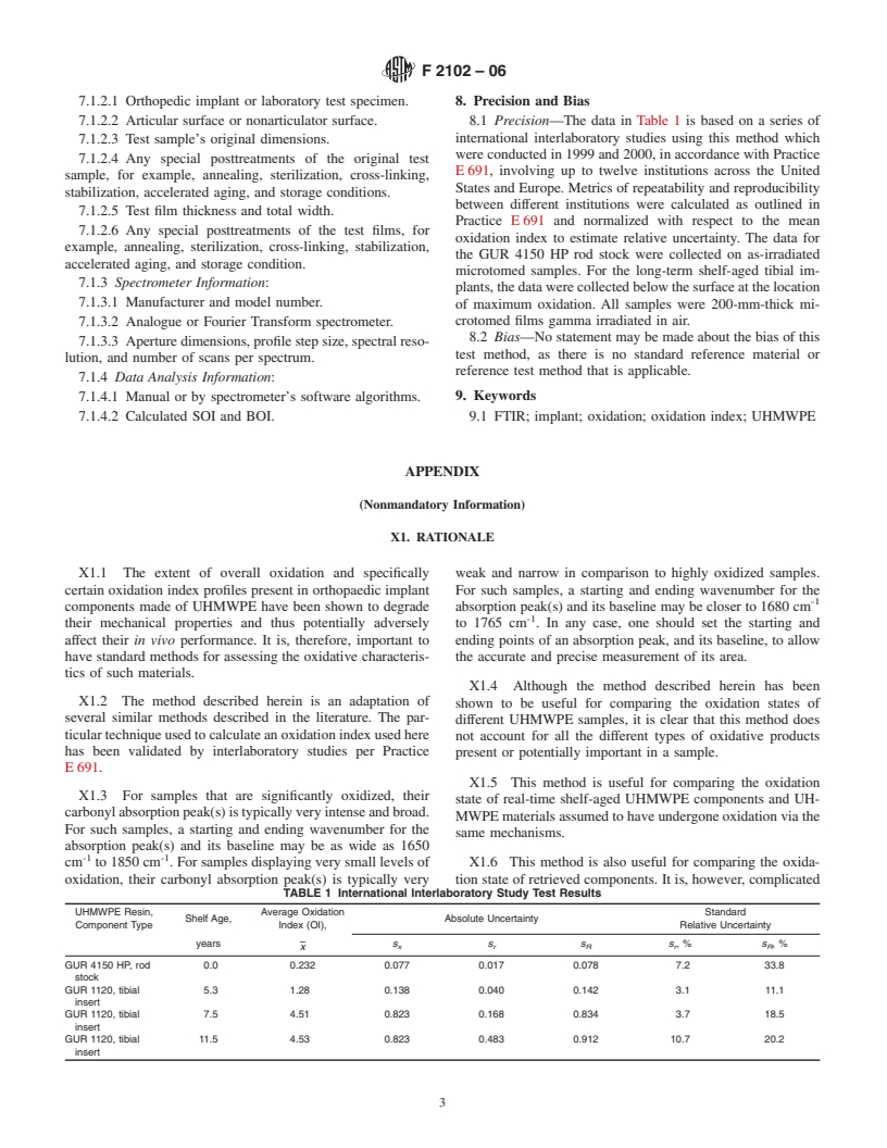 ASTM F2102-06 - Standard Guide for Evaluating the Extent of Oxidation in Ultra-High-Molecular-Weight Polyethylene Fabricated Forms Intended for Surgical Implants