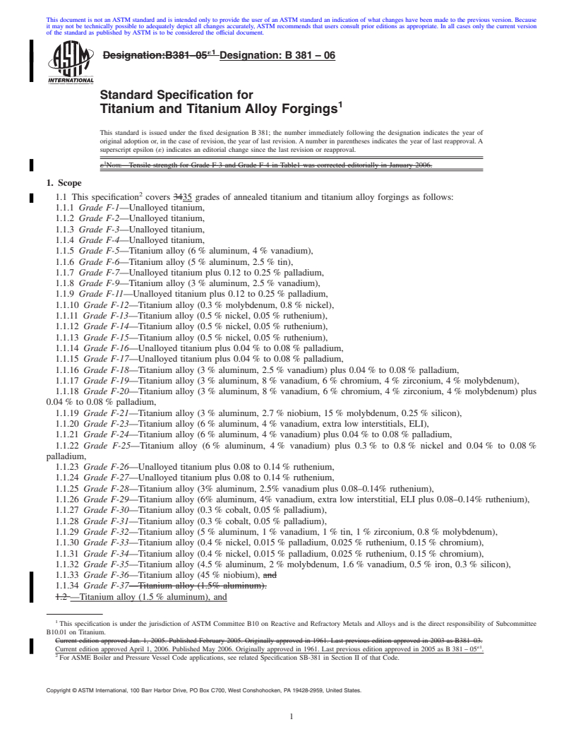 REDLINE ASTM B381-06 - Standard Specification for Titanium and Titanium Alloy Forgings