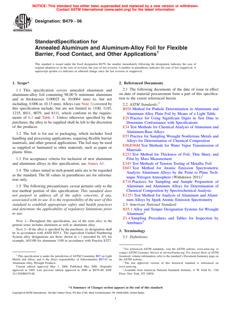 ASTM B479-06 - Standard Specification for Annealed Aluminum and Aluminum-Alloy Foil for Flexible Barrier, Food Contact, and Other Applications (Withdrawn 2015)