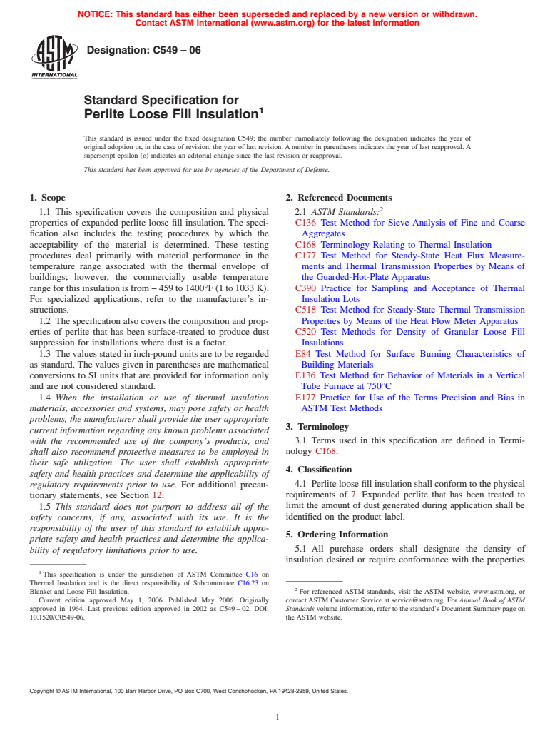 ASTM C549-06 - Standard Specification for Perlite Loose Fill Insulation