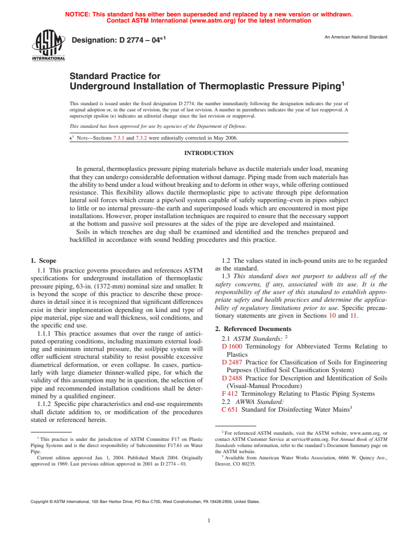 ASTM D2774-04e1 - Standard Practice for Underground Installation of Thermoplastic Pressure Piping