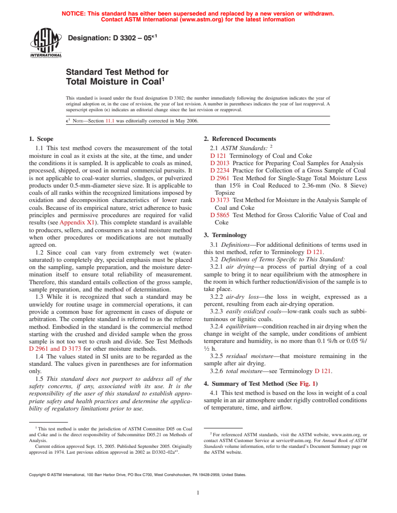 ASTM D3302-05e1 - Standard Test Method for Total Moisture in Coal