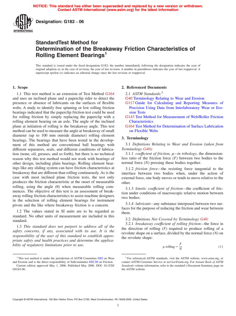 ASTM G182-06 - Standard Test Method for Determination of the Breakaway Friction Characteristics of Rolling Element Bearings