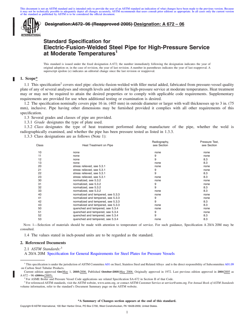 REDLINE ASTM A672-06 - Standard Specification for Electric-Fusion-Welded Steel Pipe for High-Pressure Service at Moderate Temperatures