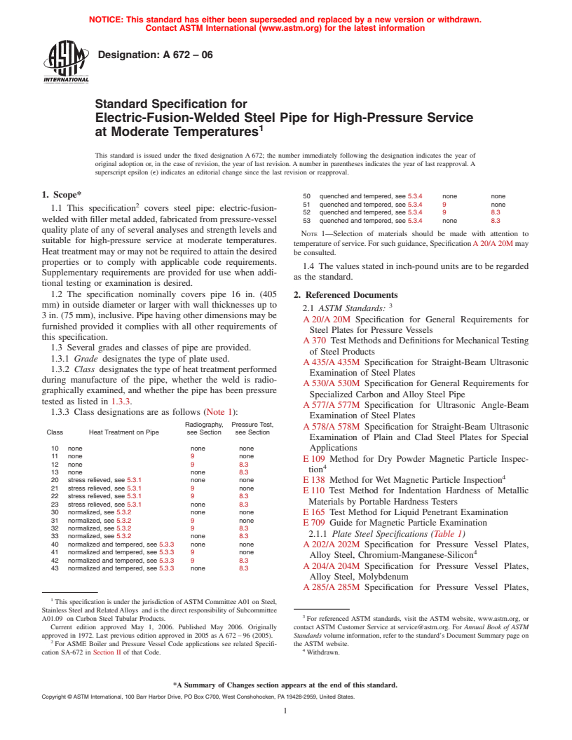 ASTM A672-06 - Standard Specification for Electric-Fusion-Welded Steel Pipe for High-Pressure Service at Moderate Temperatures