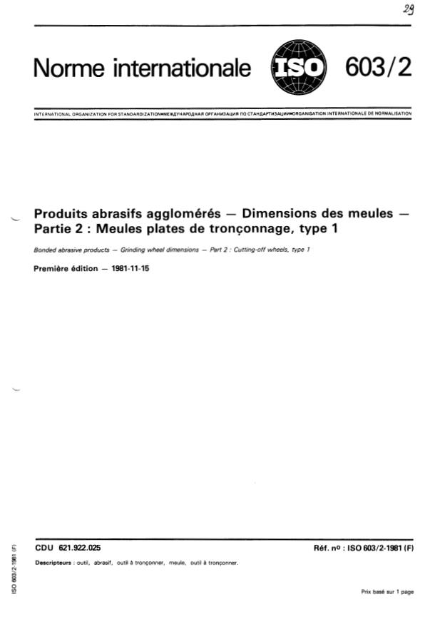 ISO 603-2:1981 - Produits abrasifs agglomérés -- Dimensions des meules