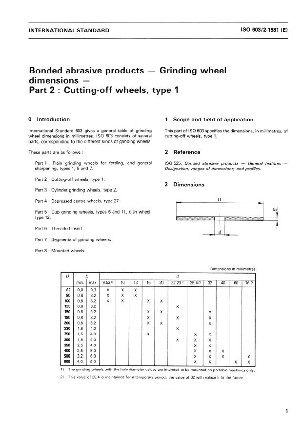 ISO 603-2:1981 - Bonded abrasive products -- Grinding wheel dimensions