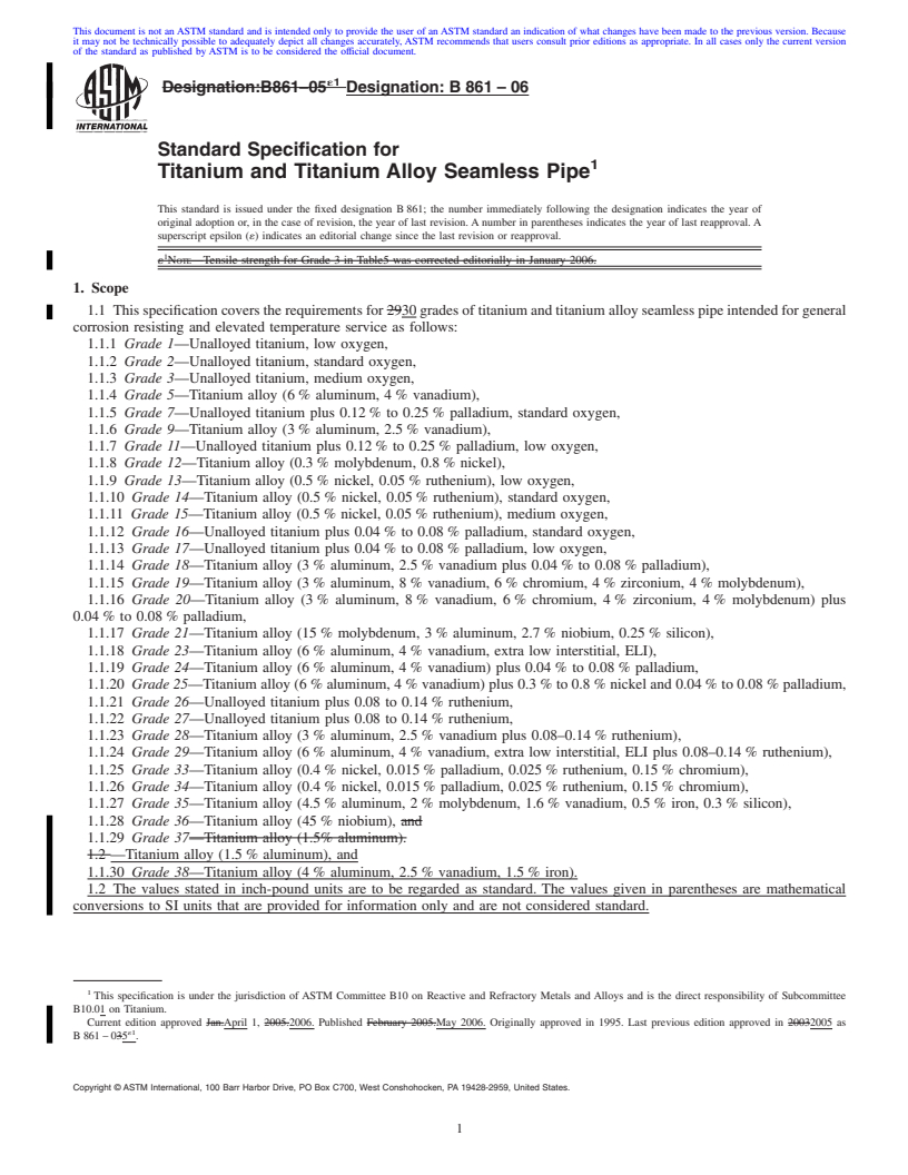 REDLINE ASTM B861-06 - Standard Specification for Titanium and Titanium Alloy Seamless Pipe