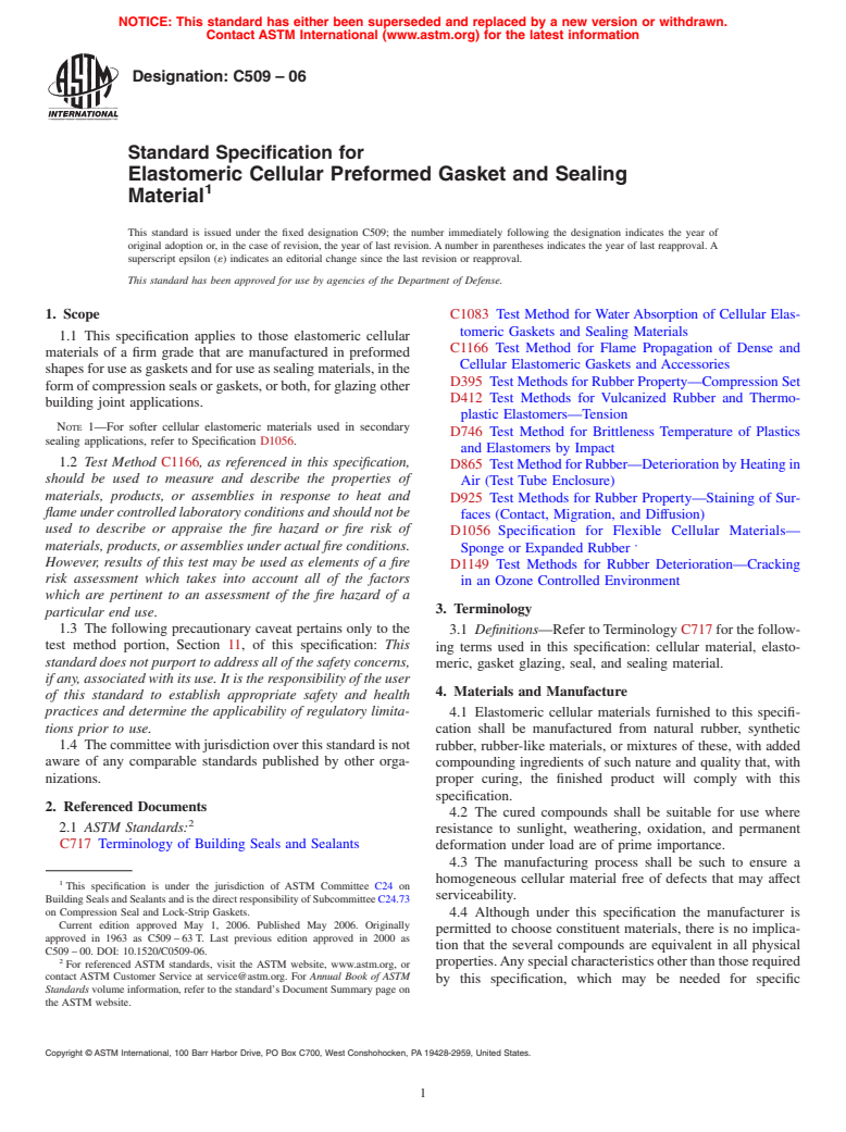 ASTM C509-06 - Standard Specification for Elastomeric Cellular Preformed Gasket and Sealing Material