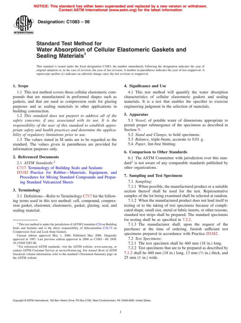 ASTM C1083-06 - Standard Test Method for Water Absorption of Cellular Elastomeric Gaskets and Sealing Materials