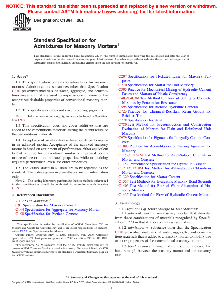 ASTM C1384-06a - Standard Specification for Admixtures for Masonry Mortars