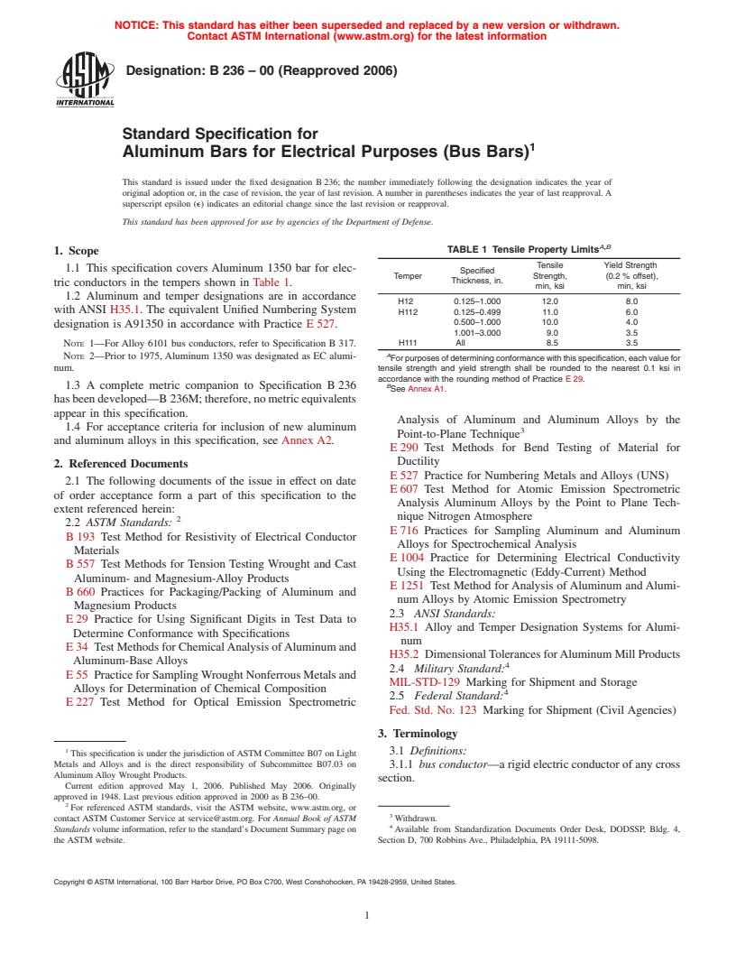 ASTM B236-00(2006) - Standard Specification for Aluminum Bars for Electrical Purposes (Bus Bars)