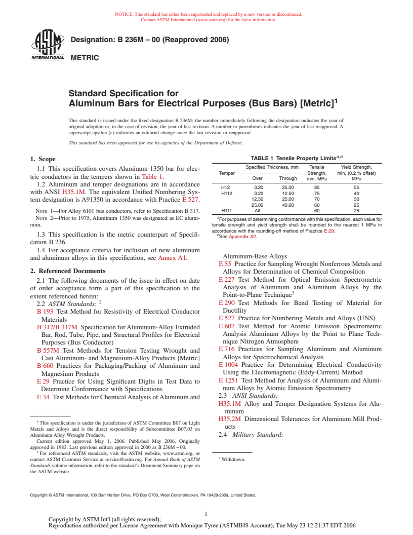 ASTM B236M-00(2006) - Standard Specification for Aluminum Bars for Electrical Purposes (Bus Bars) [Metric]