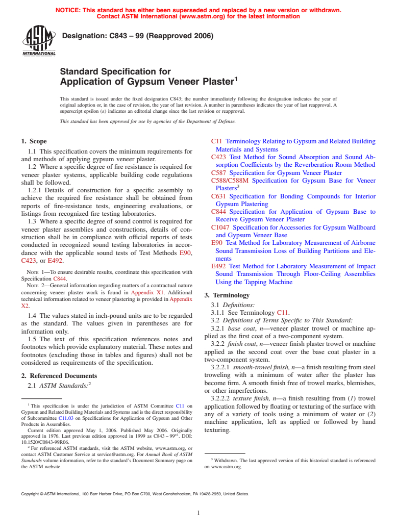 ASTM C843-99(2006) - Standard Specification for Application of Gypsum Veneer Plaster