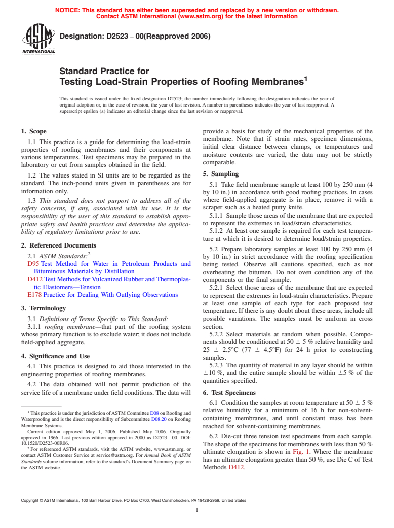 ASTM D2523-00(2006) - Standard Practice for Testing Load-Strain Properties of Roofing Membranes