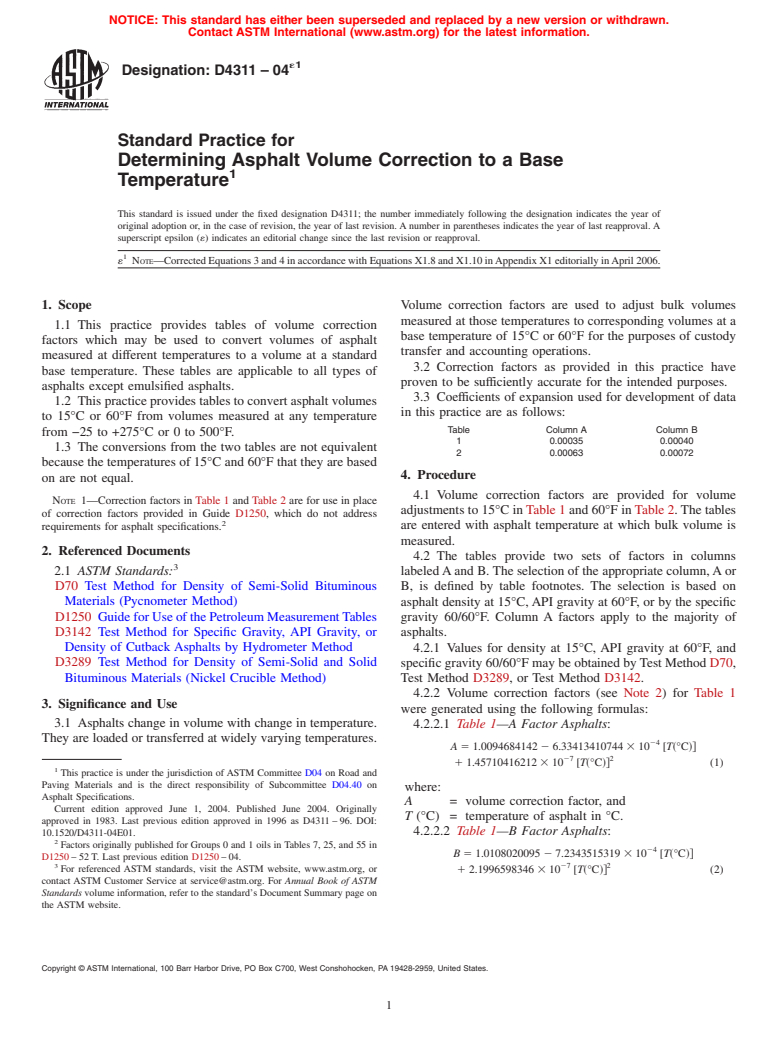 ASTM D4311-04e1 - Standard Practice for Determining Asphalt Volume Correction to a Base Temperature