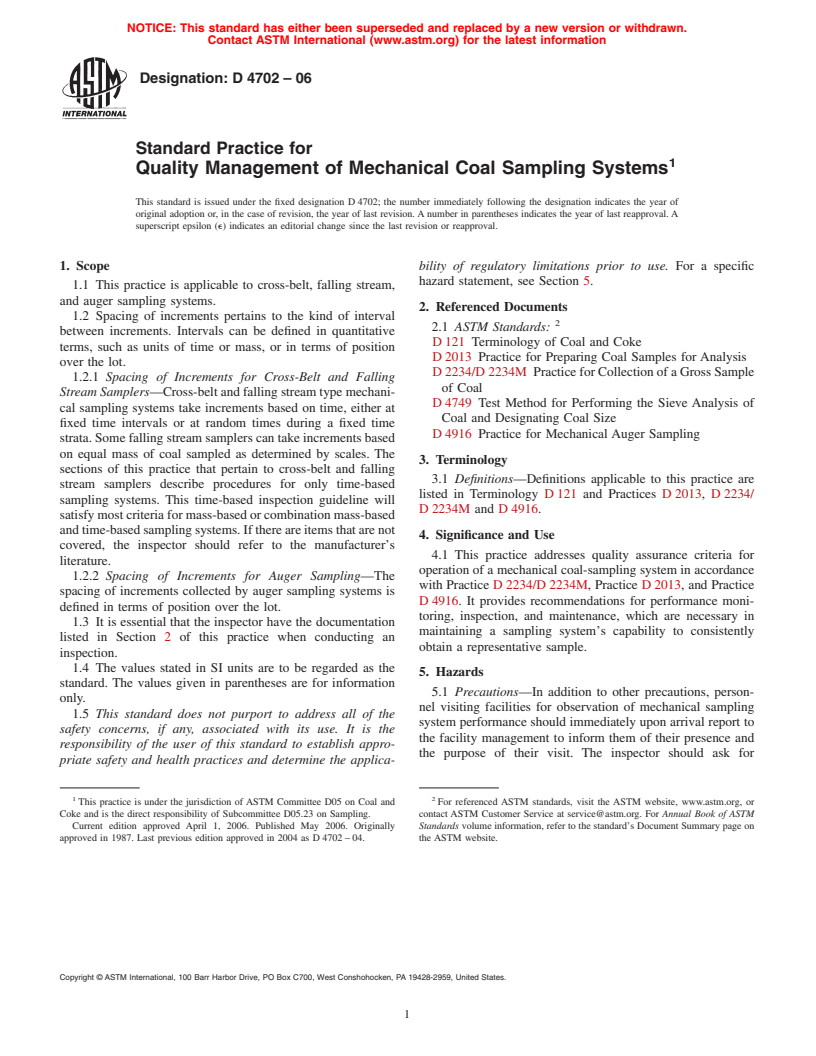 ASTM D4702-06 - Standard Practice for Quality Management of Mechanical Coal Sampling Systems