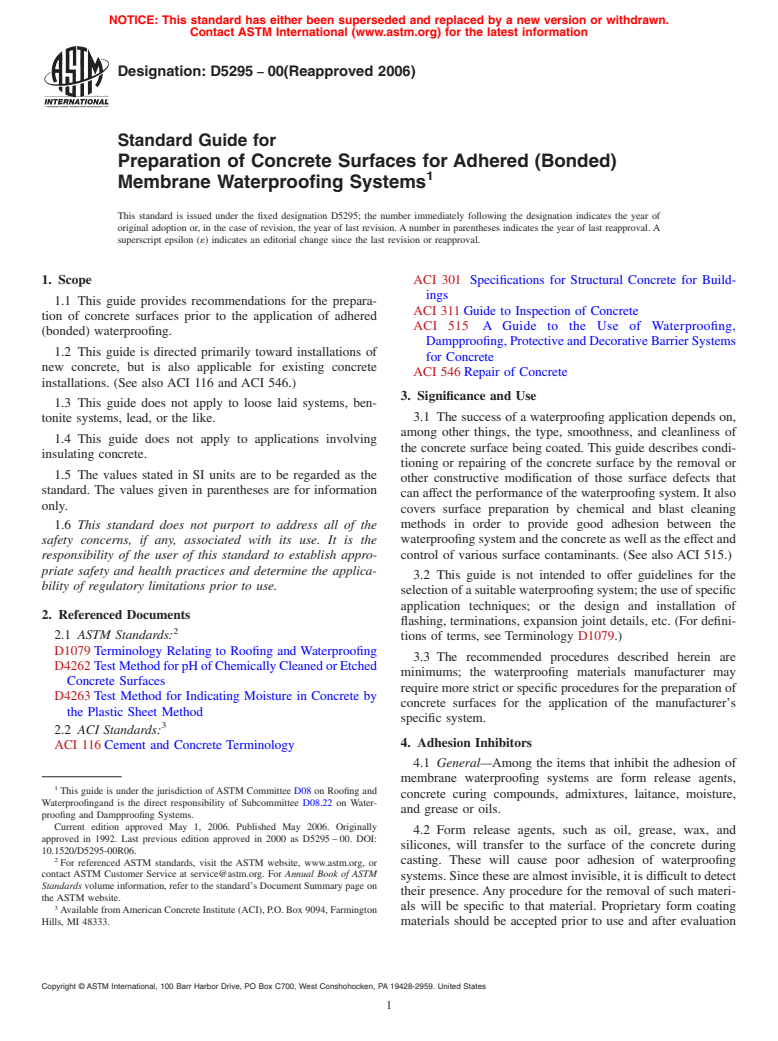 ASTM D5295-00(2006) - Standard Guide for Preparation of Concrete Surfaces for Adhered (Bonded) Membrane Waterproofing Systems