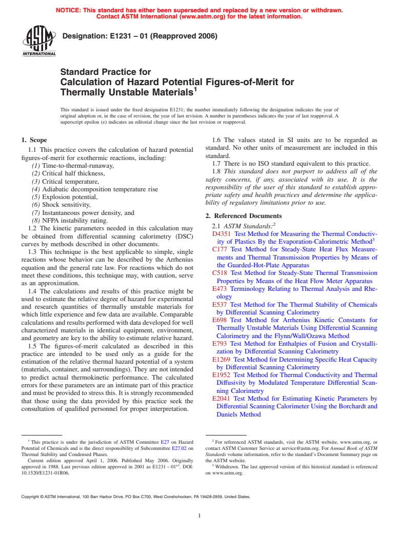 ASTM E1231-01(2006) - Standard Practice for Calculation of Hazard Potential Figures-of-Merit for Thermally Unstable Materials