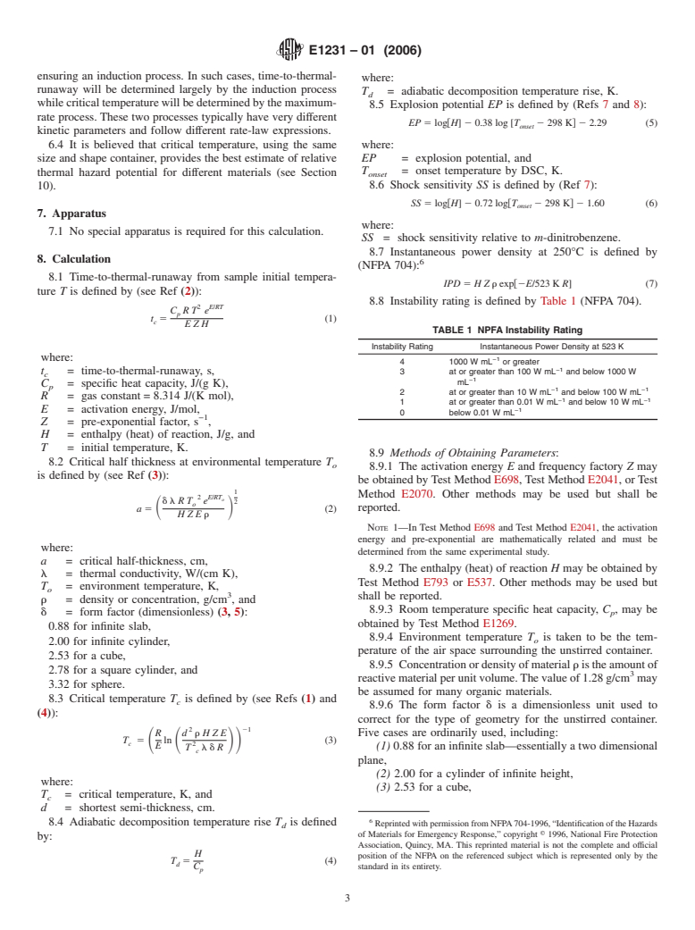 ASTM E1231-01(2006) - Standard Practice for Calculation of Hazard Potential Figures-of-Merit for Thermally Unstable Materials