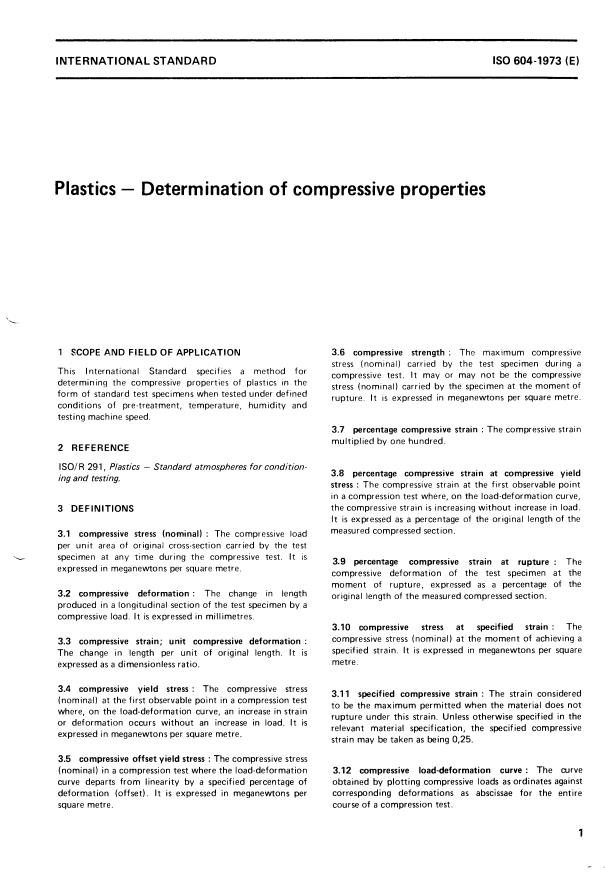 ISO 604:1973 - Plastics -- Determination of compressive properties