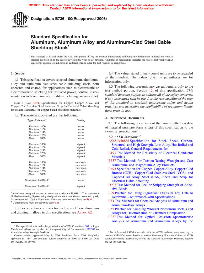 ASTM B736-00(2006) - Standard Specification for Aluminum, Aluminum Alloy and Aluminum-Clad Steel Cable Shielding Stock (Withdrawn 2015)