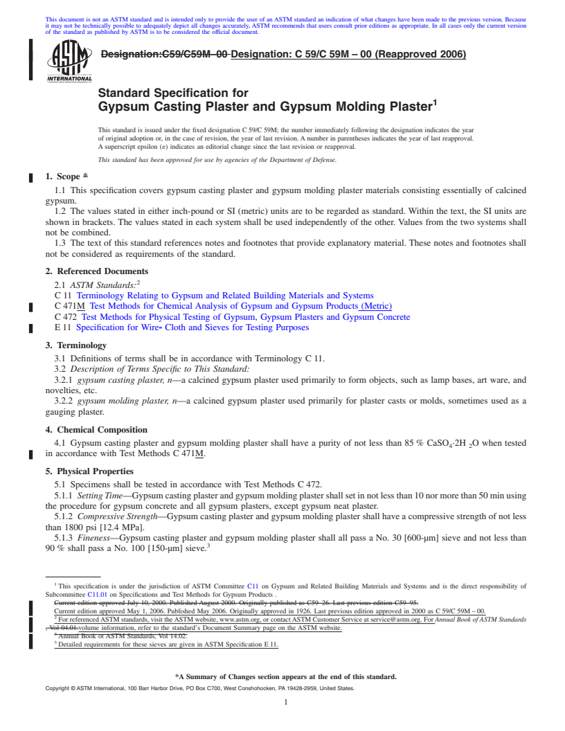 REDLINE ASTM C59/C59M-00(2006) - Standard Specification for Gypsum Casting Plaster and Gypsum Molding Plaster