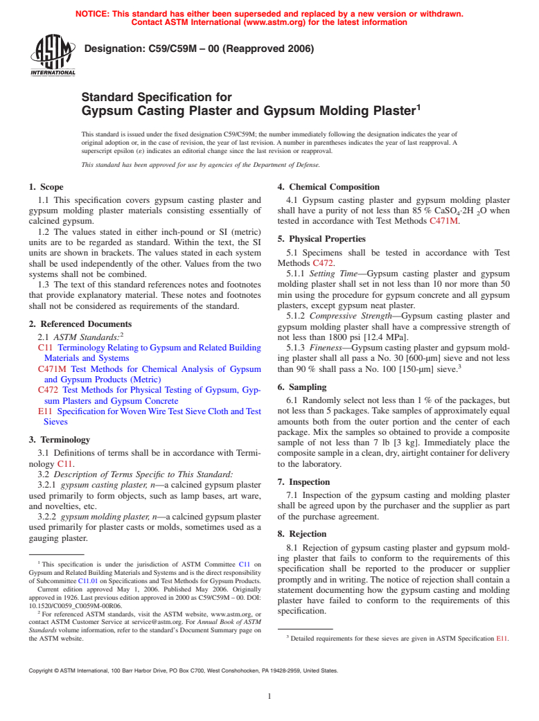 ASTM C59/C59M-00(2006) - Standard Specification for Gypsum Casting Plaster and Gypsum Molding Plaster