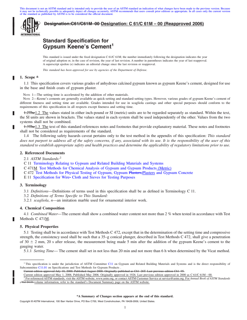 REDLINE ASTM C61/C61M-00(2006) - Standard Specification for Gypsum Keene's Cement