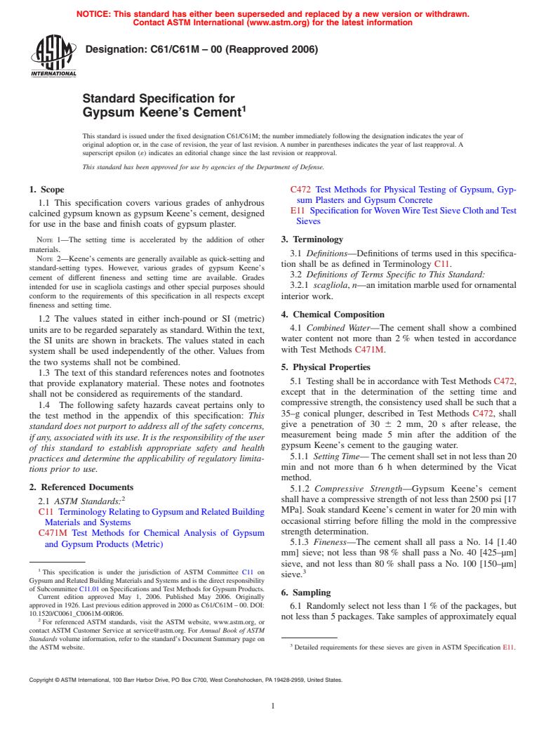 ASTM C61/C61M-00(2006) - Standard Specification for Gypsum Keene's Cement