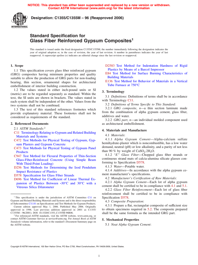 ASTM C1355/C1355M-96(2006) - Standard Specification for Glass Fiber Reinforced Gypsum Composites