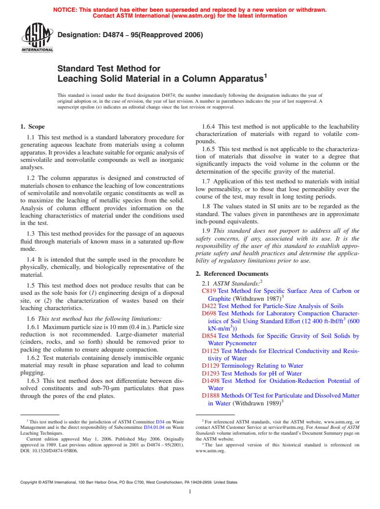 ASTM D4874-95(2006) - Standard Test Method for Leaching Solid Material in a Column Apparatus