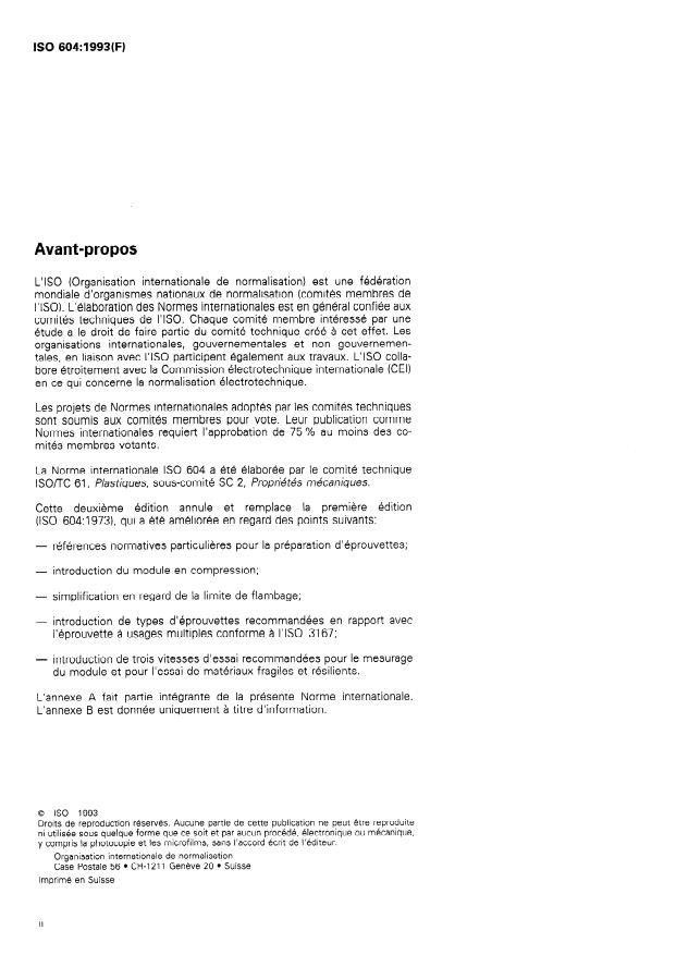 ISO 604:1993 ISO 604:1993 - Plastiques -- Détermination des propriétés en compression - Page 2 preview
