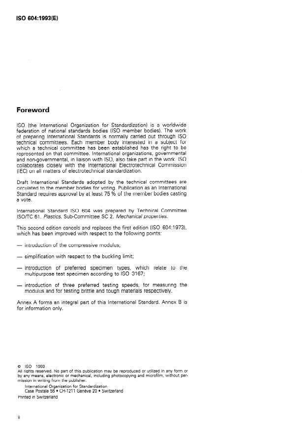 ISO 604:1993 ISO 604:1993 - Plastics -- Determination of compressive properties - Page 2 preview