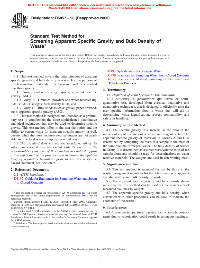 ASTM D5057-90(2006) - Standard Test Method for Screening Apparent Specific Gravity and Bulk Density of Waste