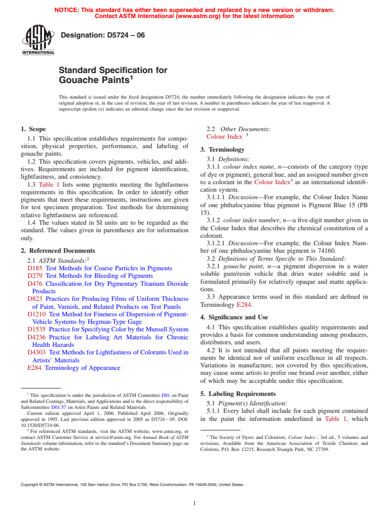 ASTM D5724-06 - Standard Specification for Gouache Paints