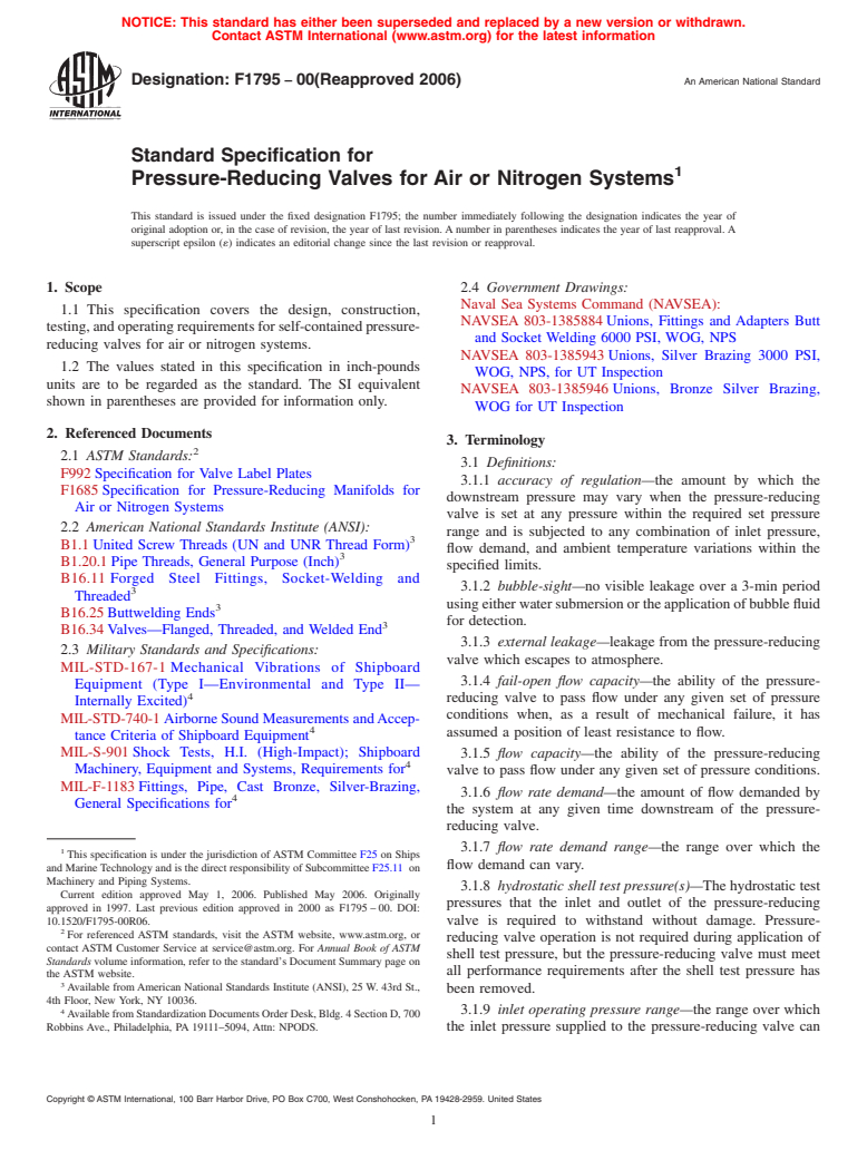 ASTM F1795-00(2006) - Standard Specification for Pressure-Reducing Valves for Air or Nitrogen Systems
