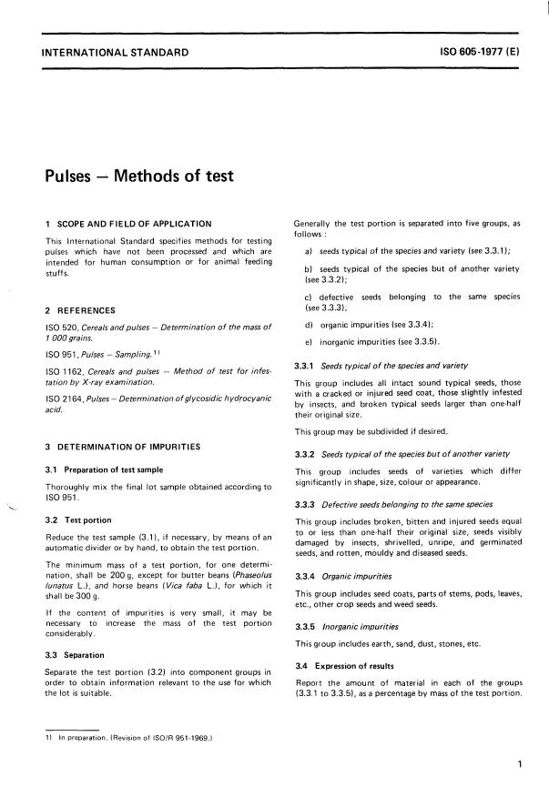ISO 605:1977 - Pulses -- Methods of test