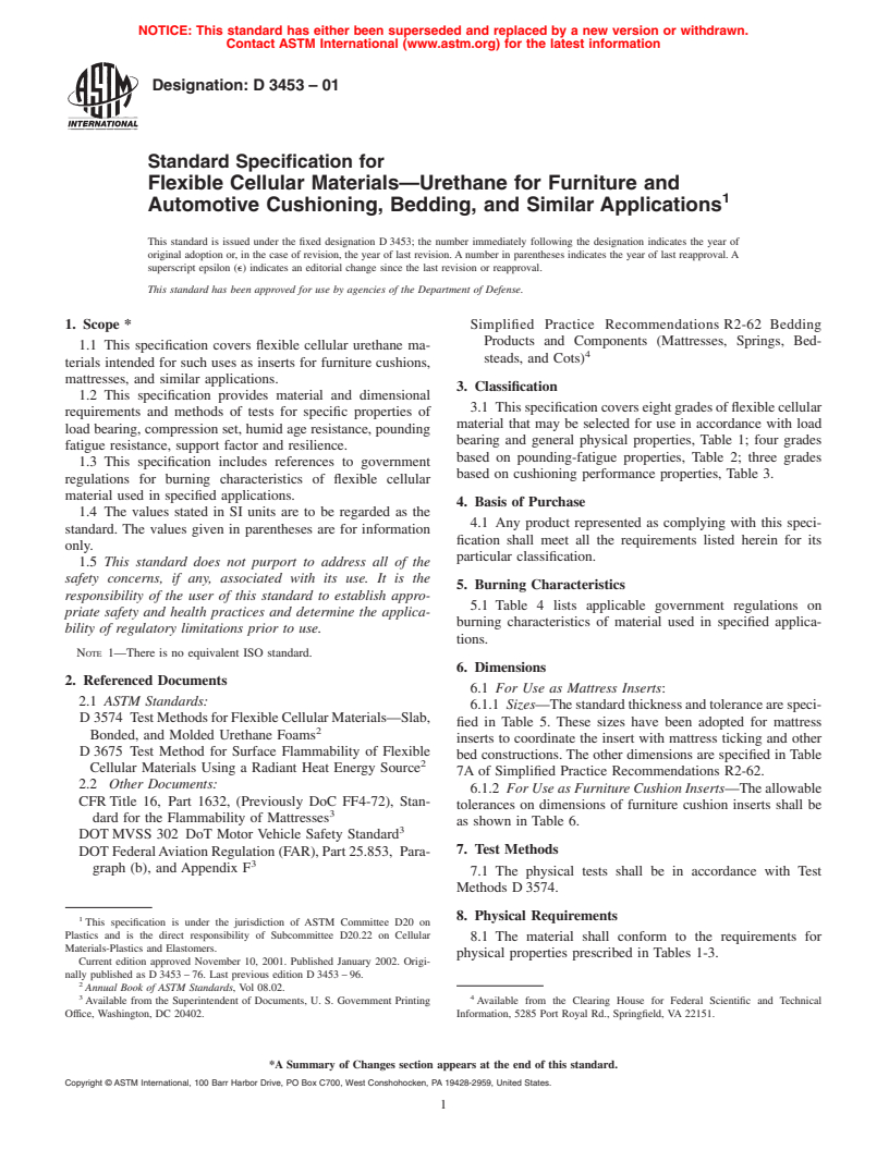 ASTM D3453-01 - Standard Specification for Flexible Cellular Materials-Urethane for Furniture and Automotive Cushioning, Bedding, and Similar Applications