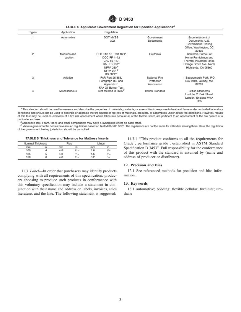 ASTM D3453-01 - Standard Specification for Flexible Cellular Materials-Urethane for Furniture and Automotive Cushioning, Bedding, and Similar Applications