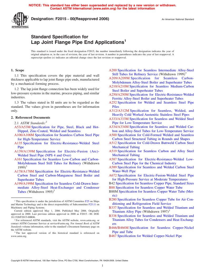 ASTM F2015-00(2006) - Standard Specification for Lap Joint Flange Pipe End Applications