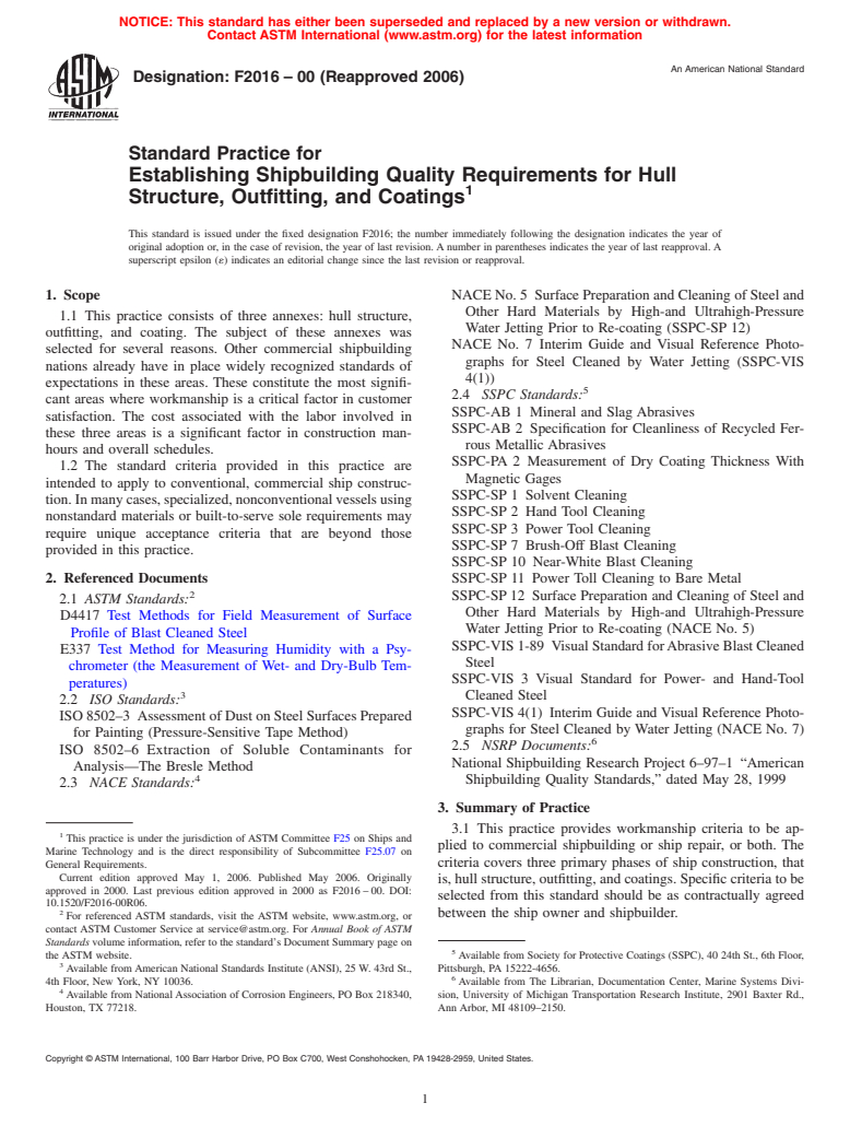 ASTM F2016-00(2006) - Standard Practice for Establishing Shipbuilding Quality Requirements for Hull Structure, Outfitting, and Coatings