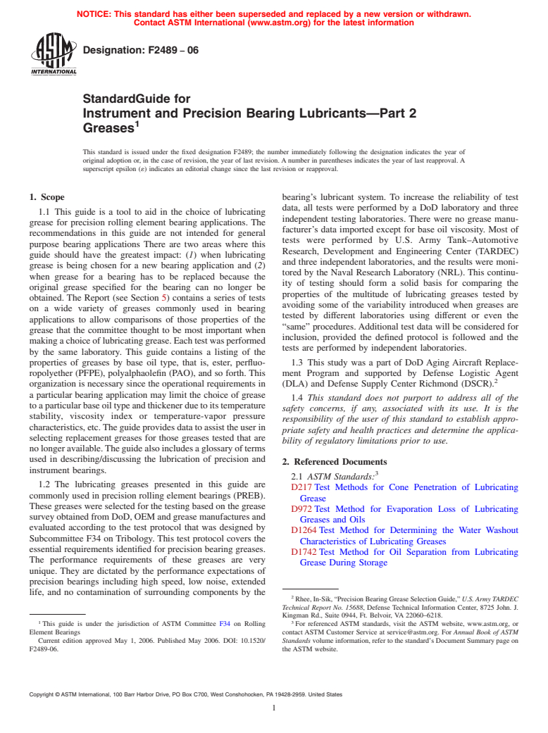 ASTM F2489-06 - Standard Guide for Instrument and Precision Bearing Lubricants-Part 2 Greases