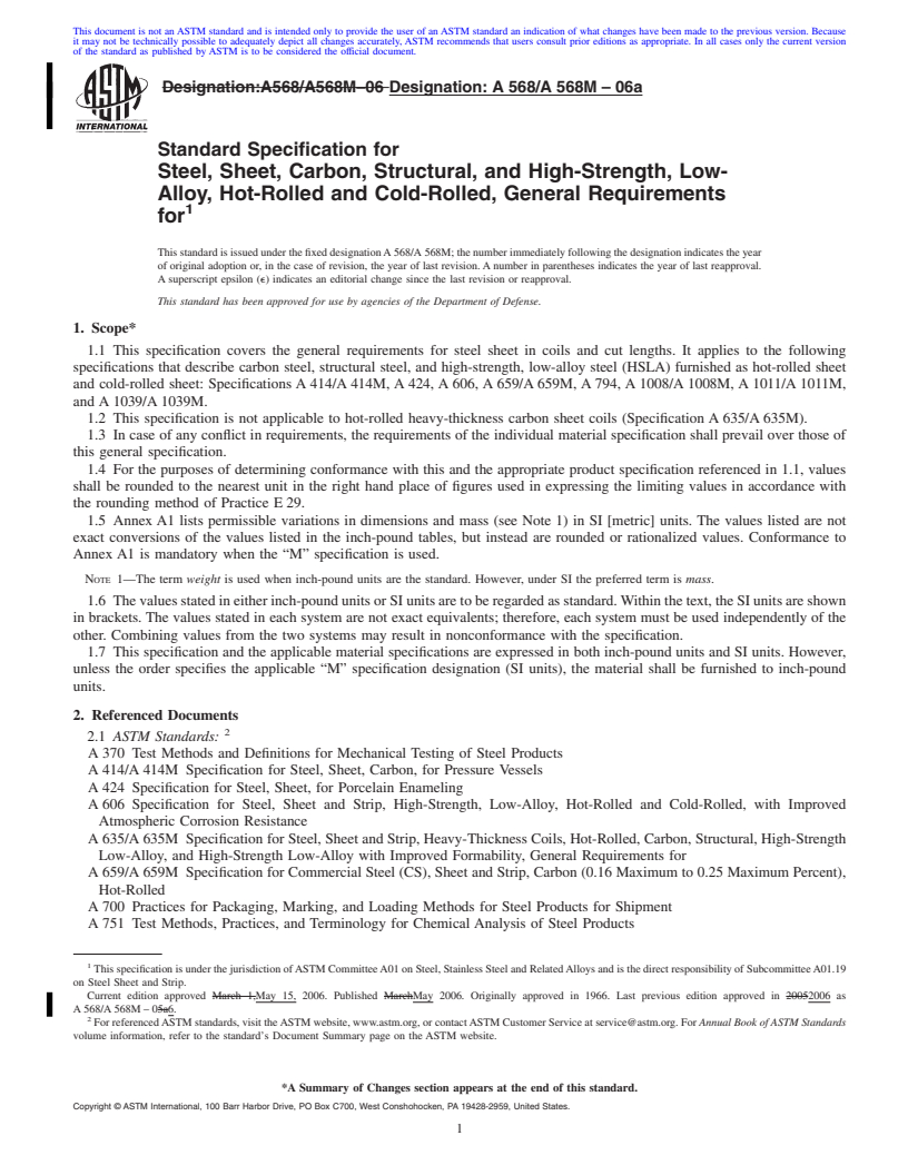 REDLINE ASTM A568/A568M-06a - Standard Specification for Steel, Sheet, Carbon, Structural, and High-Strength, Low-Alloy, Hot-Rolled and Cold-Rolled, General Requirements for