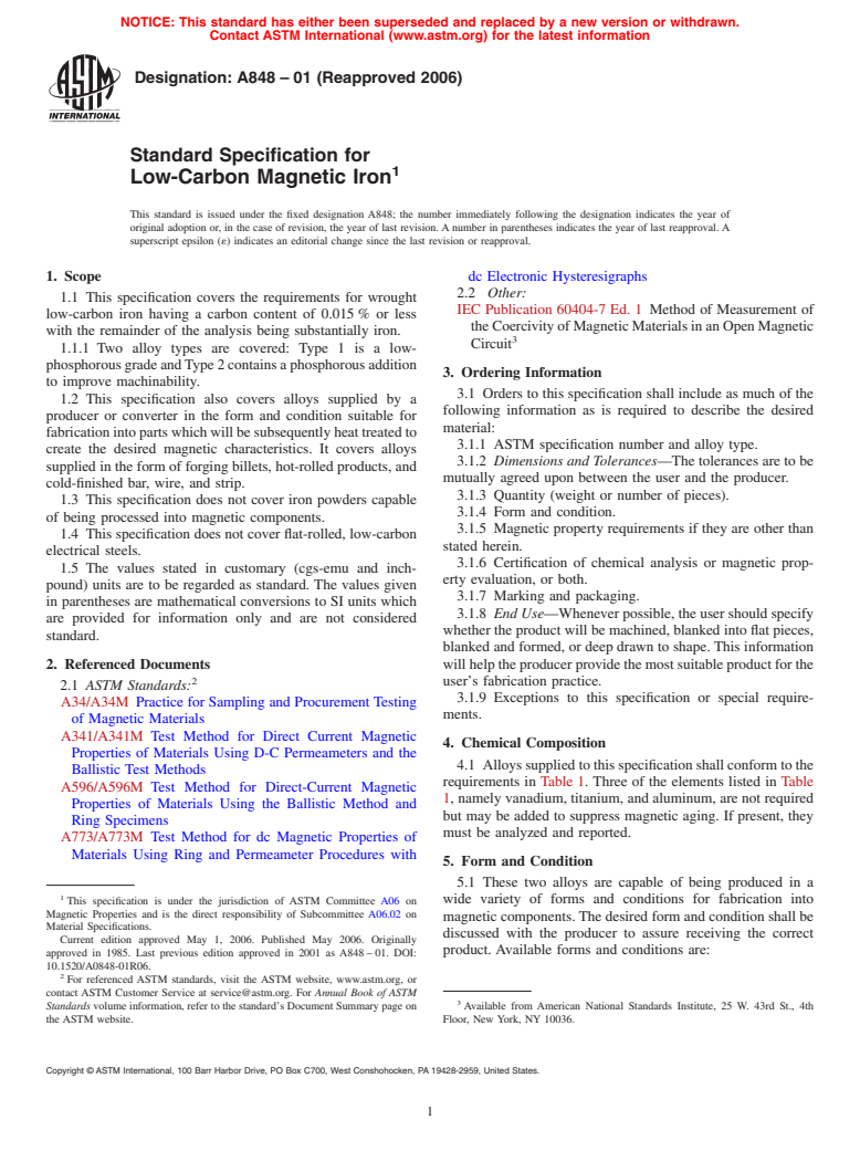 ASTM A848-01(2006) - Standard Specification for Low-Carbon Magnetic Iron